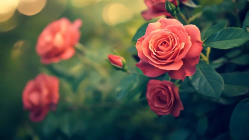 Coral Roses in Garden Setting with Soft Bokeh Background