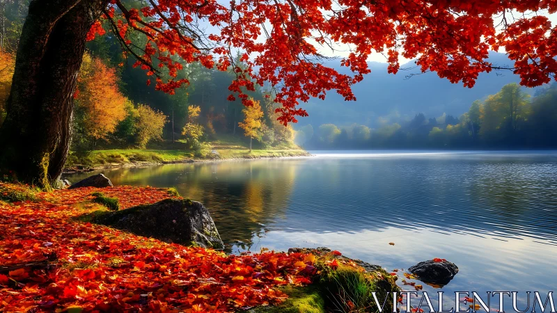 Scarlet maple canopy over reflective misty autumn lake.