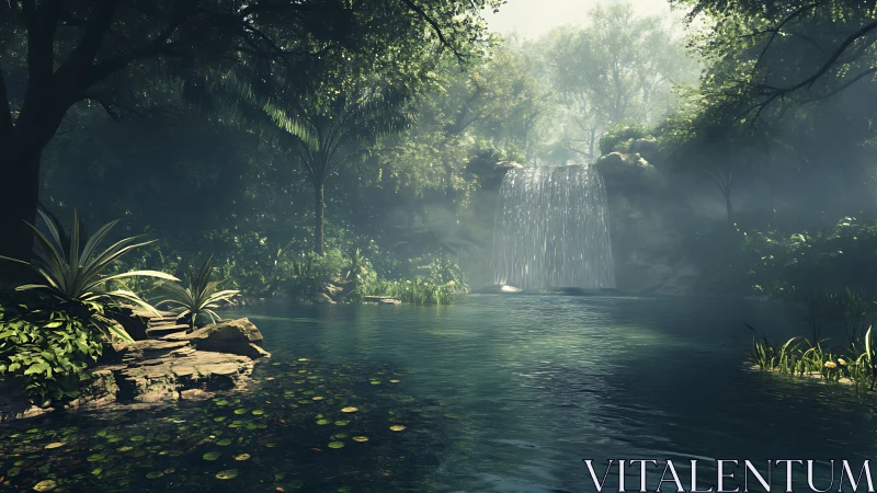 Verdant Oasis: Waterfall's Whisper Through Emerald Sanctuary.