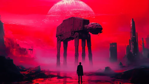 Colossal walker dominates neon red alien battlefield.