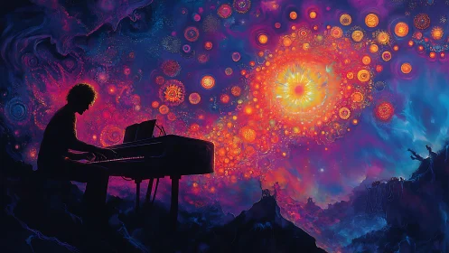 Cosmic pianist silhouetted beneath radiant nebula of sound.