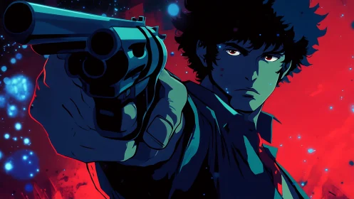Stoic gunman in neon-lit anime noir with intense gaze.