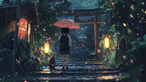 Rainy shrine pathway with girl and cat under red umbrella.