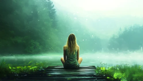 Solitary figure on lakeside dock in mist-saturated forestscape.