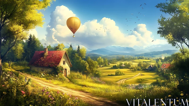 Idyllic rural valley with hot air balloon over cottage