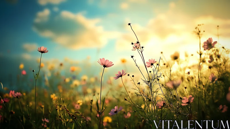 Cosmos and Wildflower Meadow with Golden Hour Illumination and Selective Focus Depth