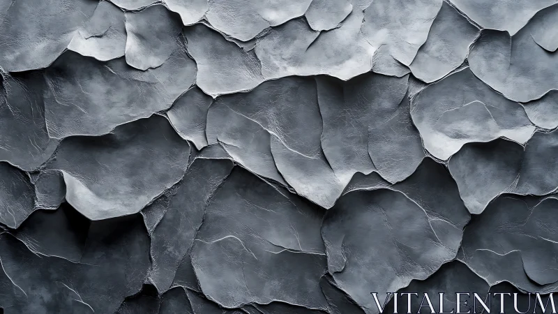 Layered slate texture with sculpted metallic grey surfaces.