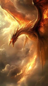 Fire dragon soars through dense storm clouds trailing flames