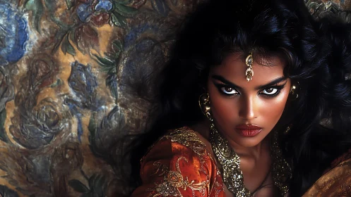 High contrast portrait of jeweled woman against floral brocade