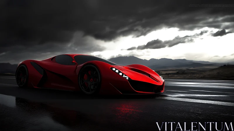 Storm-lit scarlet supercar slices through the wet horizon