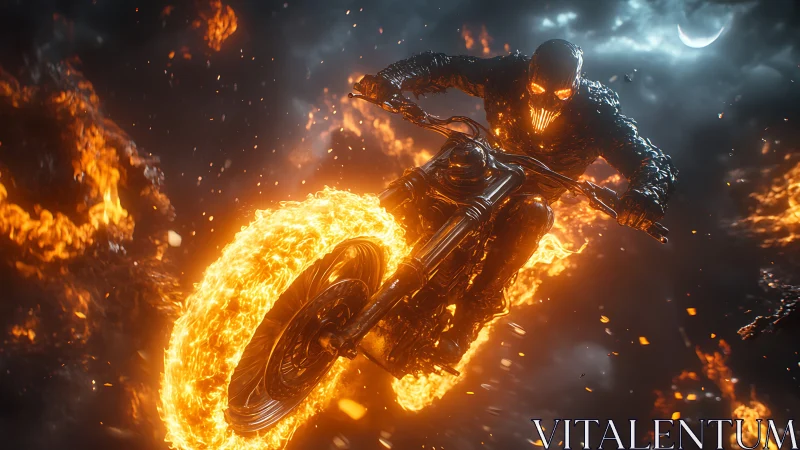 Fiery midnight rider blazing through a stormy sky.