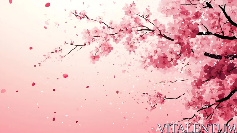 Cherry blossom branches extend with petals drifting outward