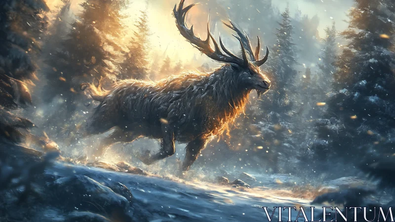 Mythic stag charging through glowing winter forest storm.