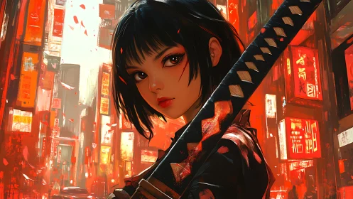 Blade-wielding girl in neon cityscape with dynamic red lighting