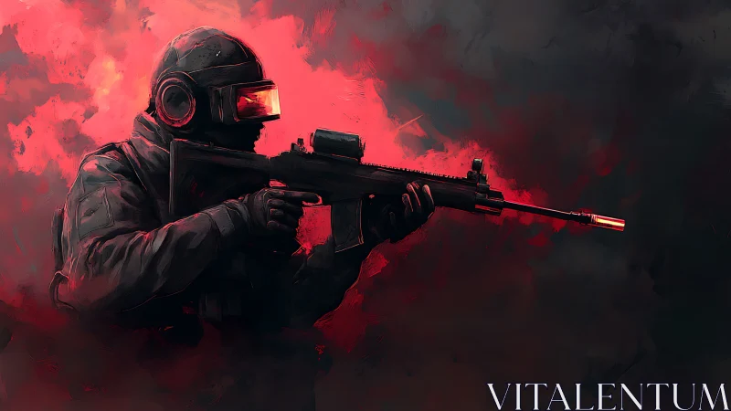 Armored soldier aims rifle against vivid red smoke background