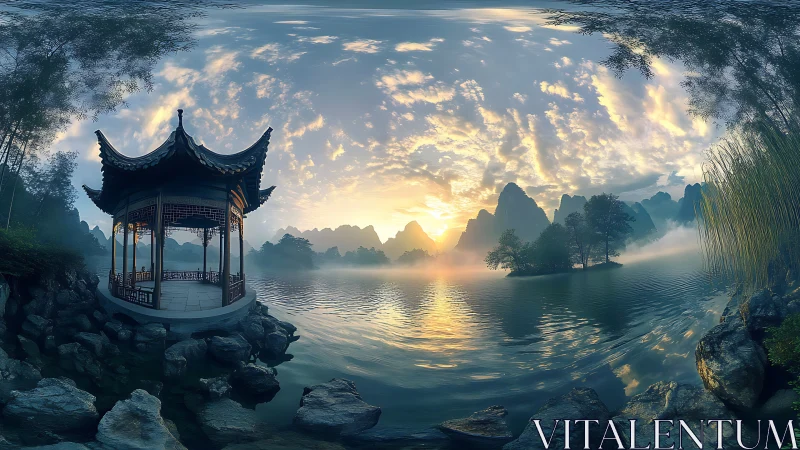 Chinese lakeside pavilion overlooks misty mountains at sunrise