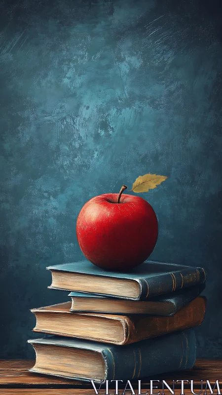 Bright red apple rests gently atop a quiet stack of books
