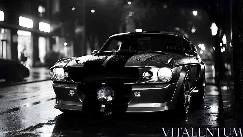 Nocturnal muscle car study on wet urban asphalt surface.