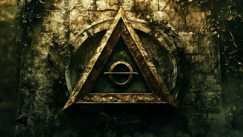 Ancient golden symbol glowing against mossy stone wall.