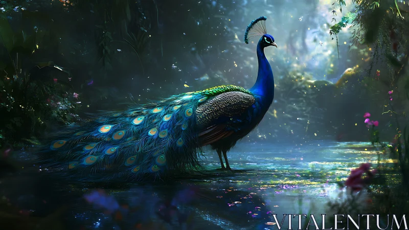 Moonlit peacock guardian strolling through a luminous forest pond.