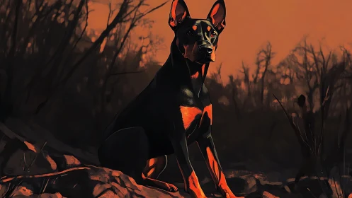 Alert black dog observes dark forest at sunset glow