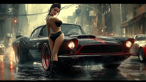 Stylized woman posing by muscle car in rainy city street.