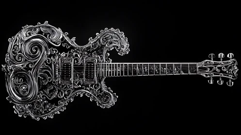 Baroque chrome electric guitar rendered with ornate metallic filigree