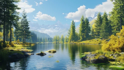 High-fidelity alpine lake render with conifer forest and peaks