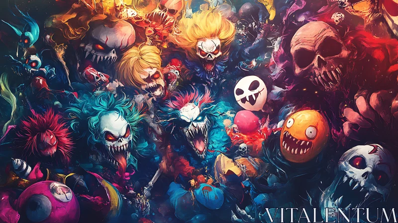 Carnival of ravenous nightmare clowns in neon-chaos bloom.