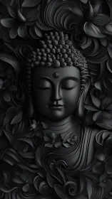 Monochrome Buddha relief in high-relief floral vortex sculpture.