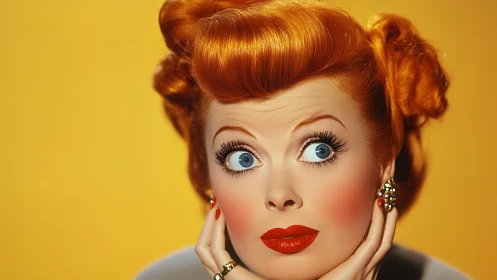 Retro redhead portrait with bold cosmetics and yellow backdrop.