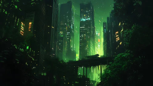 Neon jungle skyline where overgrown rails haunt the night.