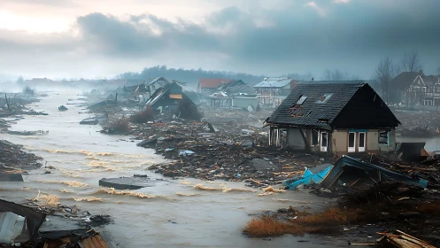 Storm‑ravaged riverside town in murky, debris‑choked floodwaters.