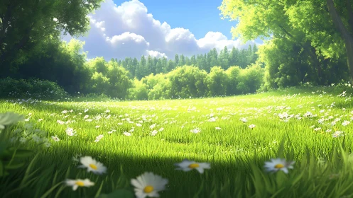 Sunlit meadow of daisies inviting a slow, peaceful pause.