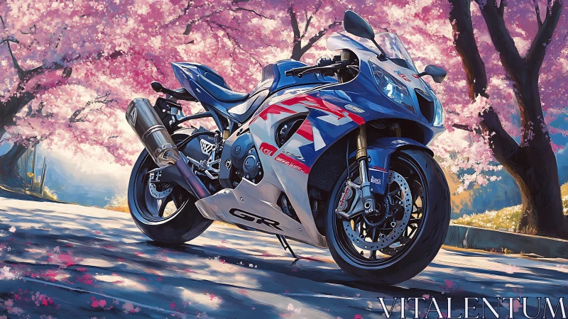 Sport motorcycle parked under pink cherry blossom trees.