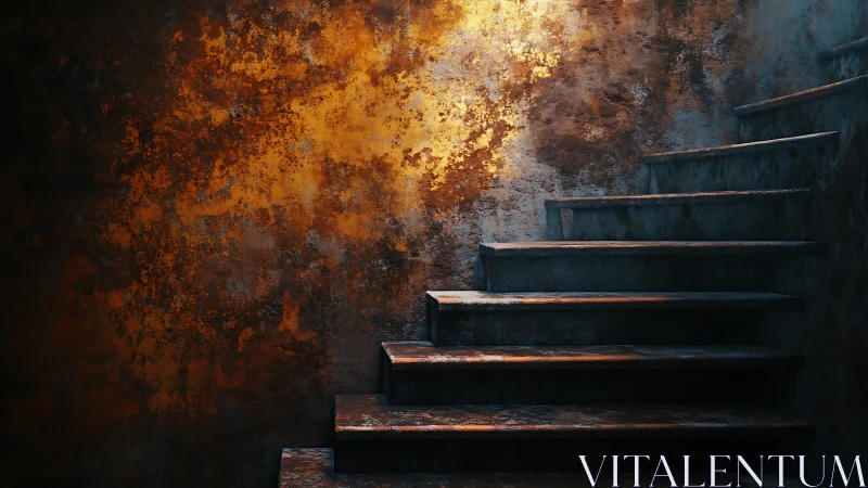 Rust-stained concrete stairwell under focused wall lighting.