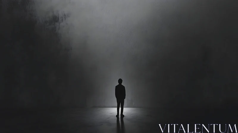 Solitary figure in stark minimalist shadowed void.