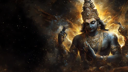 Divine blue-skinned deity rendered in luminous cosmic particle field