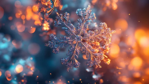 Glowing frosted snowflake shimmers amid warm bokeh light