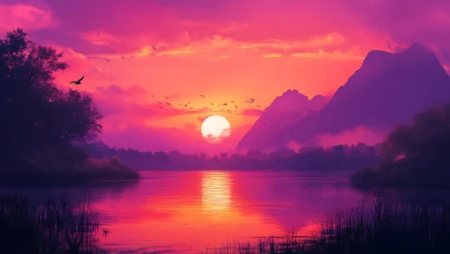 Sunset paints neon dreams across mountains and still water