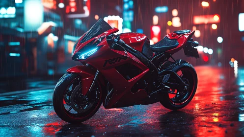 Red superbike under neon rain with reflective wet pavement.