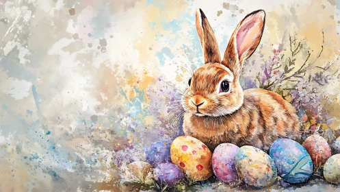 Curious spring rabbit guards a scattered rainbow of eggs