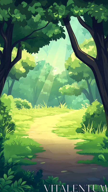 Forest Path with Sunlight Filtering Through Lush Canopy