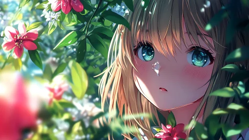 Girl with teal eyes gazes through sunlit garden leaves