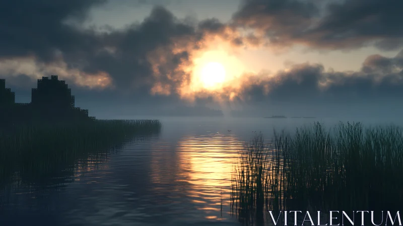 Foggy lakeside sunrise with reeds and rippling water.