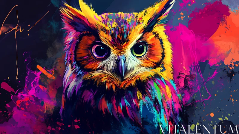 Vibrant owl portrait in abstract neon colors, digital art style.