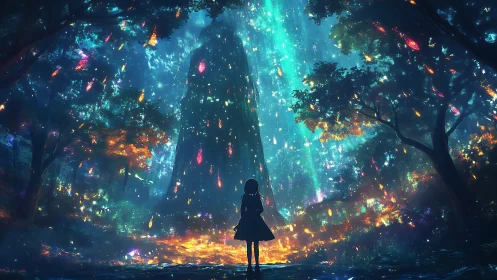 Girl confronts luminous crystal monolith in enchanted forest