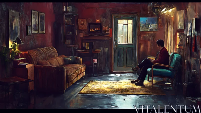 Moody interior scene depicts solitary figure in painterly chiaroscuro