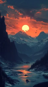 Crimson sun over glacial valley river at twilight.