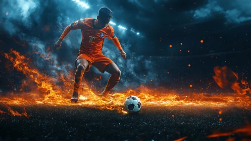 Fiery soccer forward drives ball through blazing pitch.